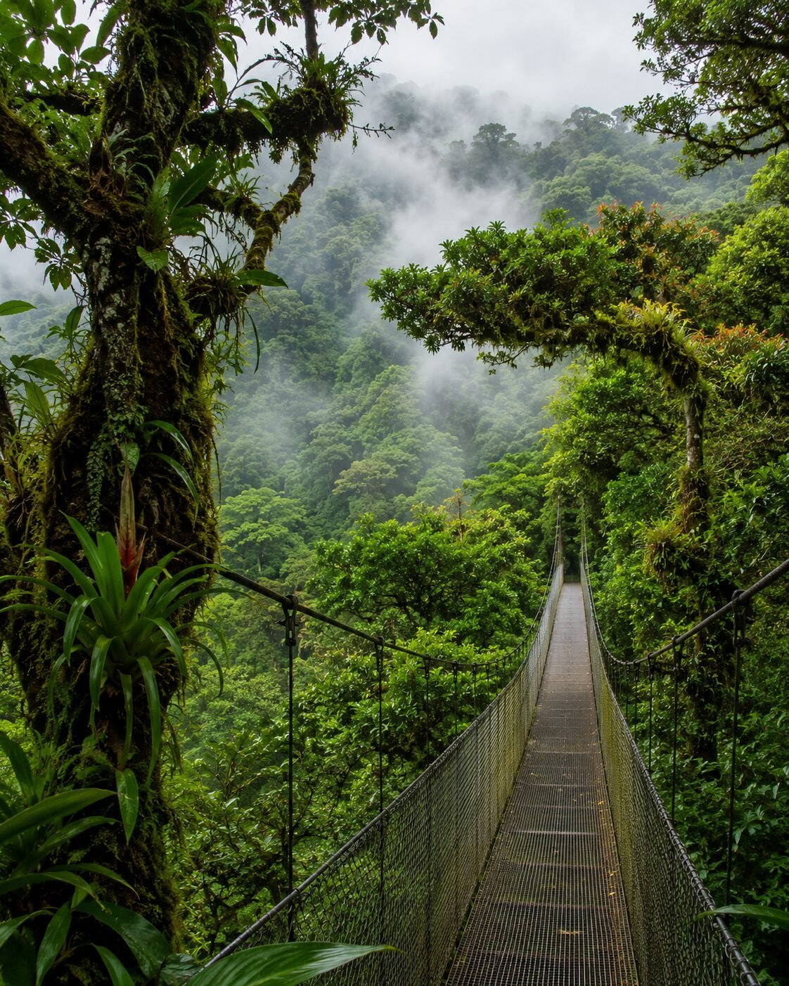 Puente colgante en el bosque nuboso de Monteverde durante una luna de miel