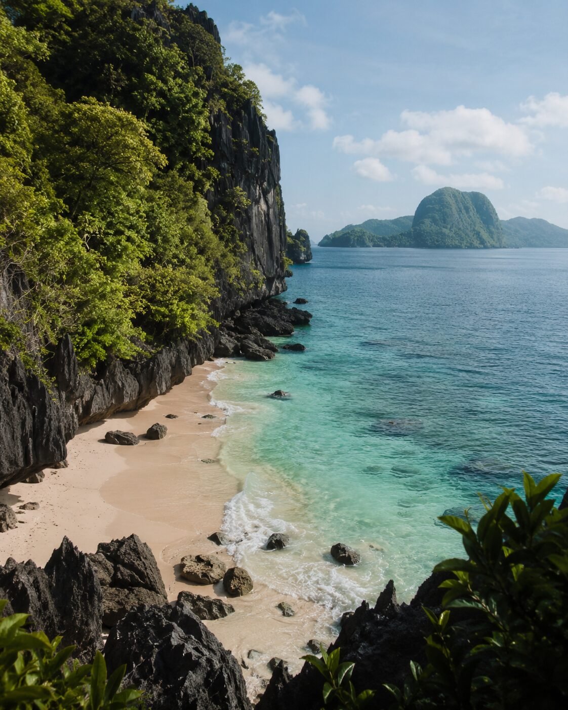 Playa entre acantilados de piedra caliza en Palawan, Filipinas