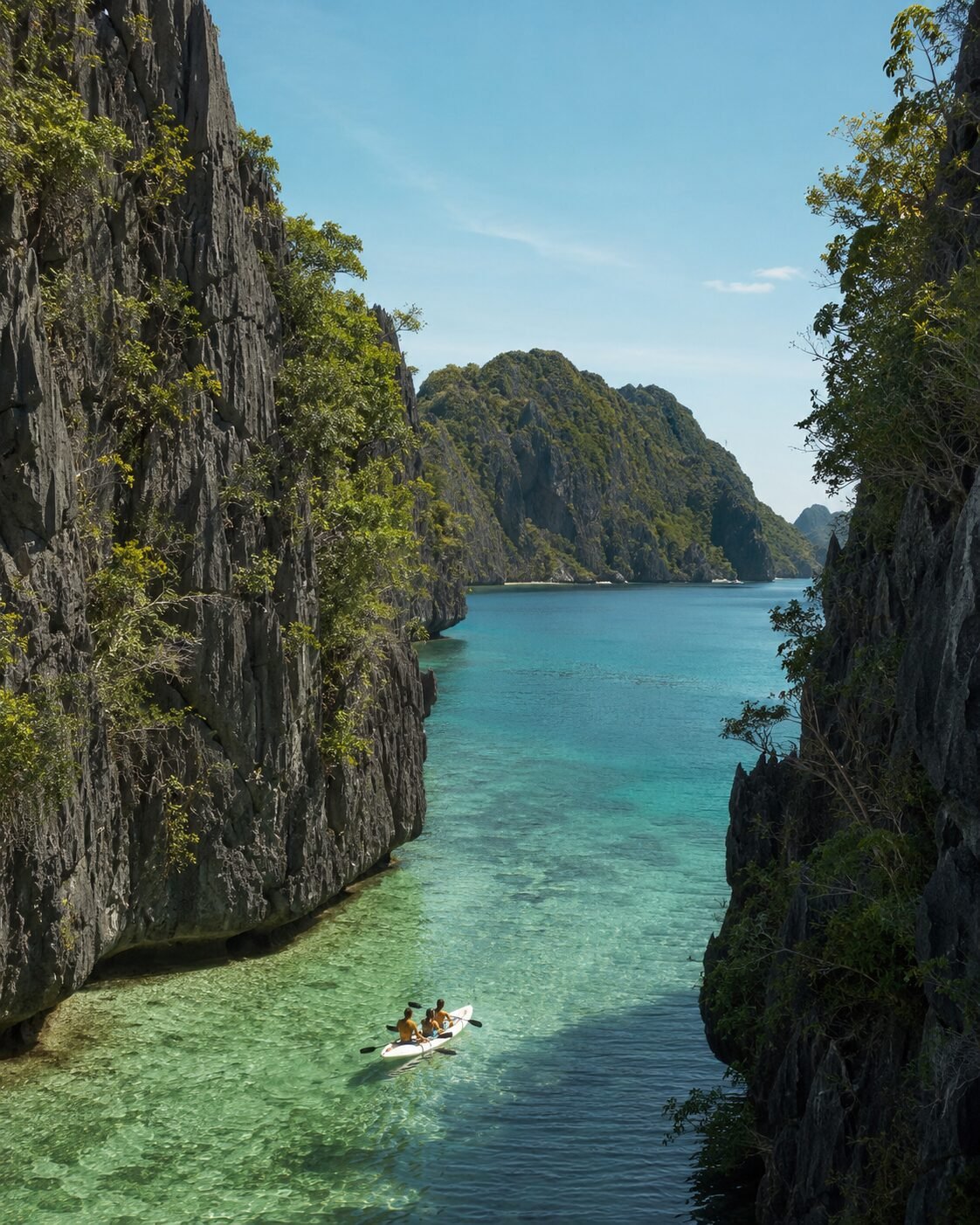 Kayak entre formaciones de piedra caliza y aguas transparentes de Palawan