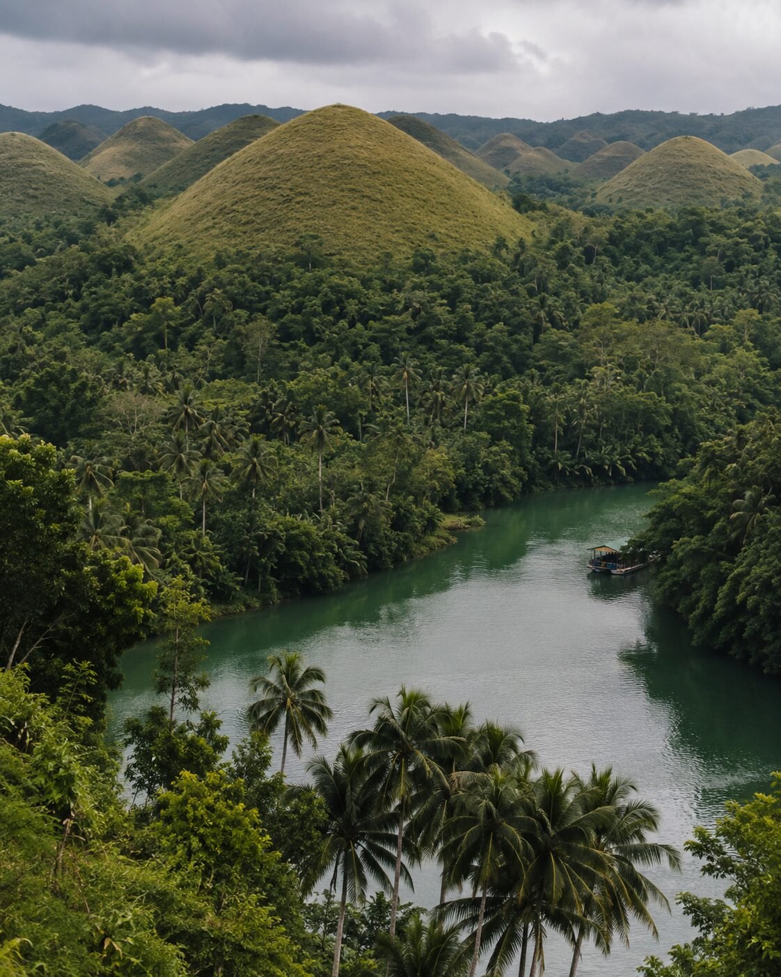 Chocolate Hills y río tropical en Bohol, Filipinas