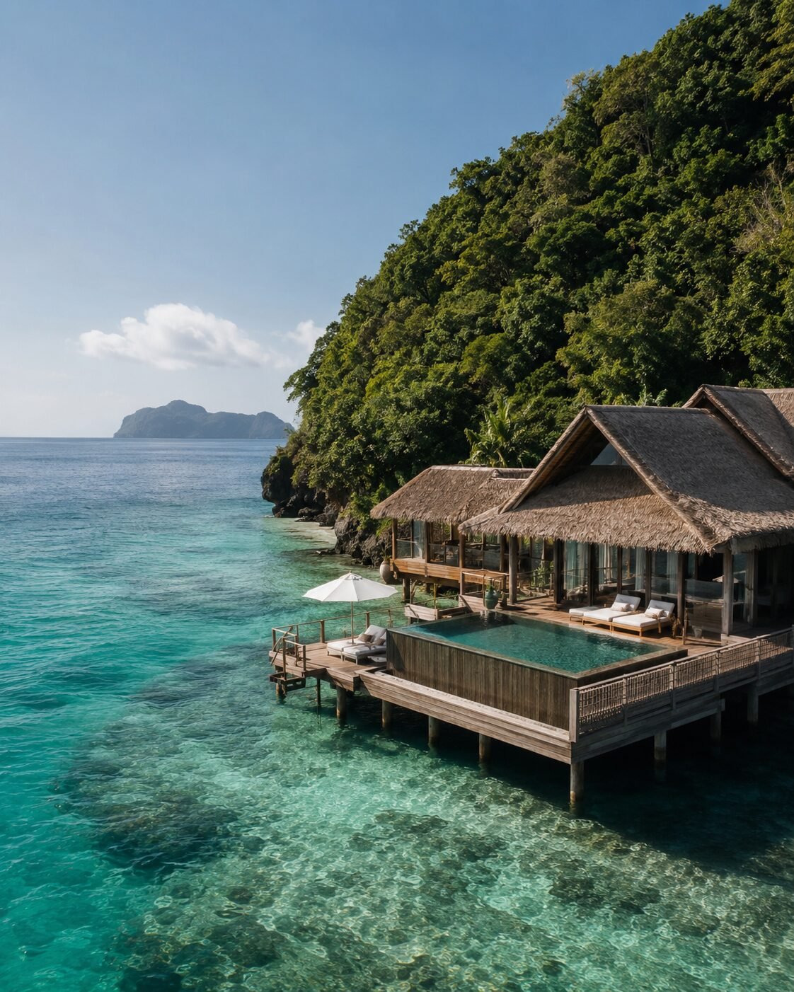 Villa privada sobre aguas turquesas durante una luna de miel en Filipinas