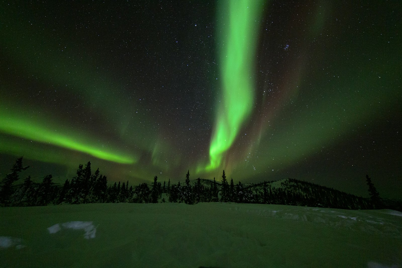 Aurora boreal verde sobre un paisaje de Alaska en una noche despejada