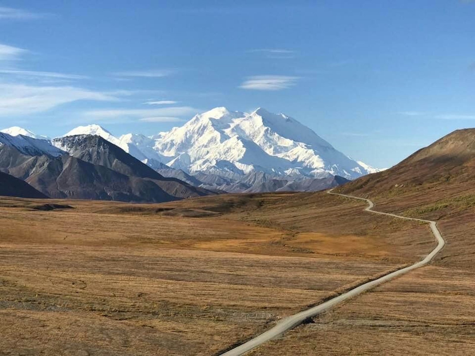 Montaña Denali y carretera de montaña en el parque nacional Denali, Alaska
